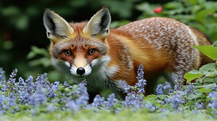 Naklejka premium Red Fox Amidst Vibrant Blue Flowers In Garden
