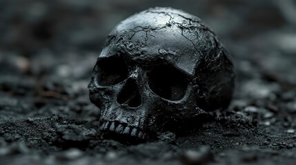 Black Skull in Dark Soil A Symbol of Mortality and the Passage of Time