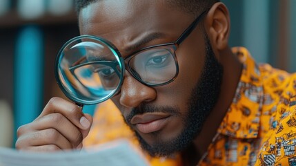 Auditor Examining Document with Magnifying Glass in Profile View