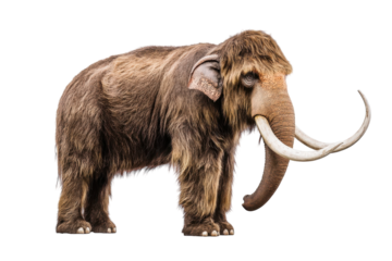 Mammoth stands majestically on a white background showcasing its fur and long tusks in a striking pose