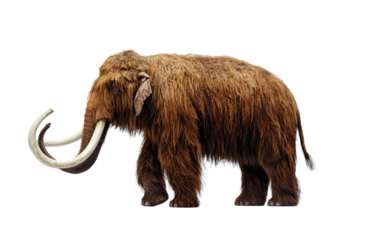 Mammoth standing on white background showcasing its large size and distinct features like tusks and fur