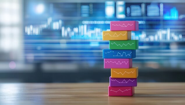 Stacking multicolored graph blocks on a wooden desk with a blurred background of a futuristic digital interface displaying business analytics in blue and white tones