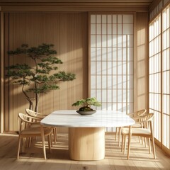Fototapeta premium Minimalist dining room with wooden elements, shoji screens, and bonsai trees.