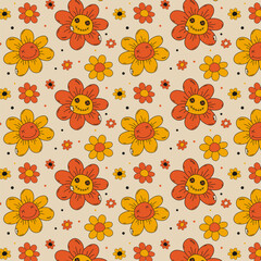 A pattern with flowers in patches and button eyes on a light background in autumn colors.