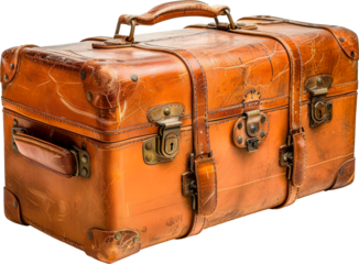 Close up Vintage old suitcase with leather straps and metal accents exuding a classic travel vibe. Design element for travel, adventure and tourism