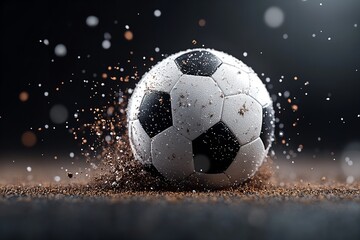 Naklejka premium A soccer ball hits the ground, creating a spray of dirt and dust. The background captures the intensity of a competitive game, showcasing the energy and excitement of the sport