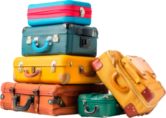 Stack of colorful vintage suitcases isolated on transparent background png. Travel, vacation and adventure inspiration idea
