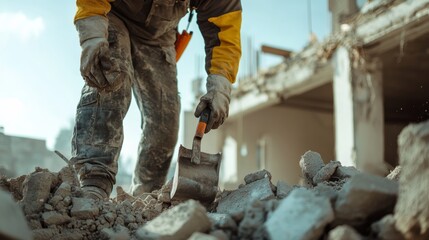 A close-up of a demolition expert setting charges on an old building, with safety gear and detonators visible, Demolition scene