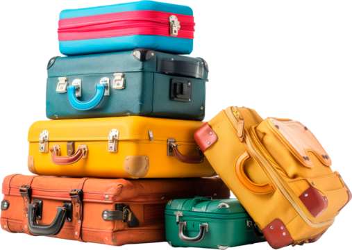 Stack of colorful vintage suitcases isolated on transparent background png. Travel, vacation and adventure inspiration idea