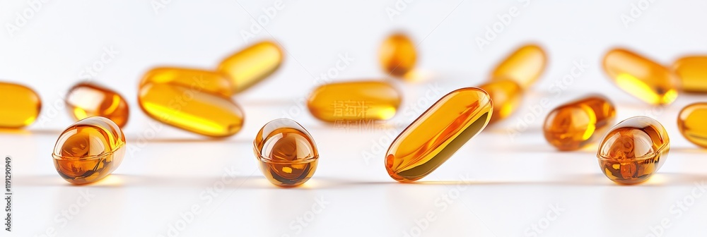 Poster multiple golden fish oil capsules are levitating over a white background, creating a visually appeal