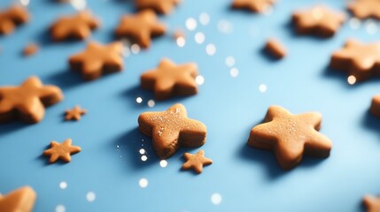 Hand made ginger bread cookies on blue background