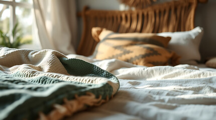 Cozy Bedroom Sunlight: A Peaceful Morning. Soft Textures and Natural Light Create a Relaxing Atmosphere in a Stylish Home Interior