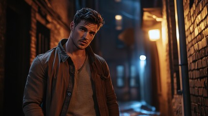 Obraz premium Man standing in a dimly lit alleyway at night