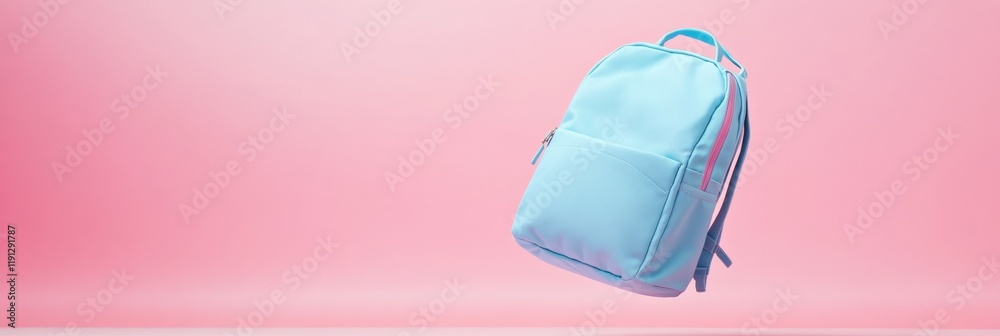 Poster minimalist still life showcasing a light blue backpack floating on a vibrant pink backdrop, creating