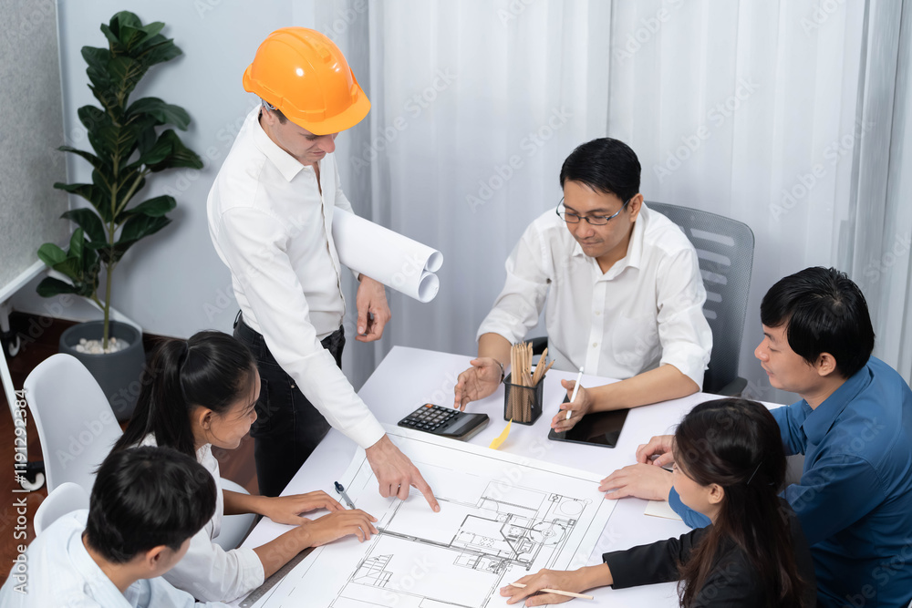 Aufkleber diverse group of civil engineer and client working together on architectural project, reviewing cons