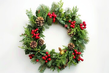 Lush Christmas Wreath Adorned with Greenery, Berries, and Pine Cones