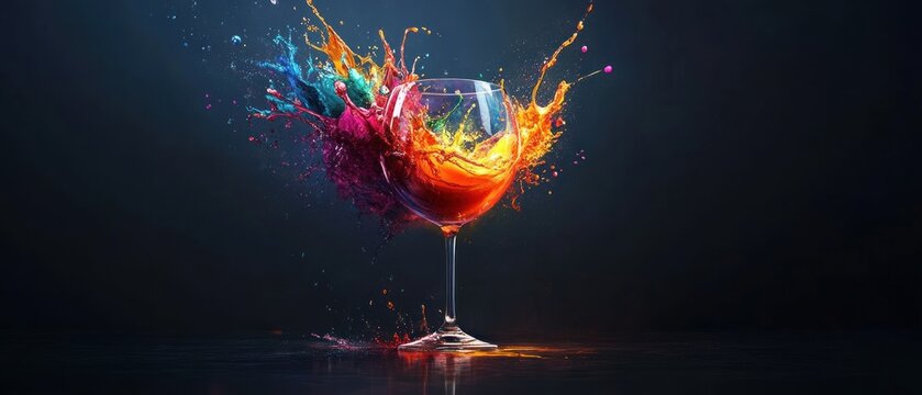 A wine glass explodes with a vibrant rainbow of colorful liquid, splattering against a dark background.