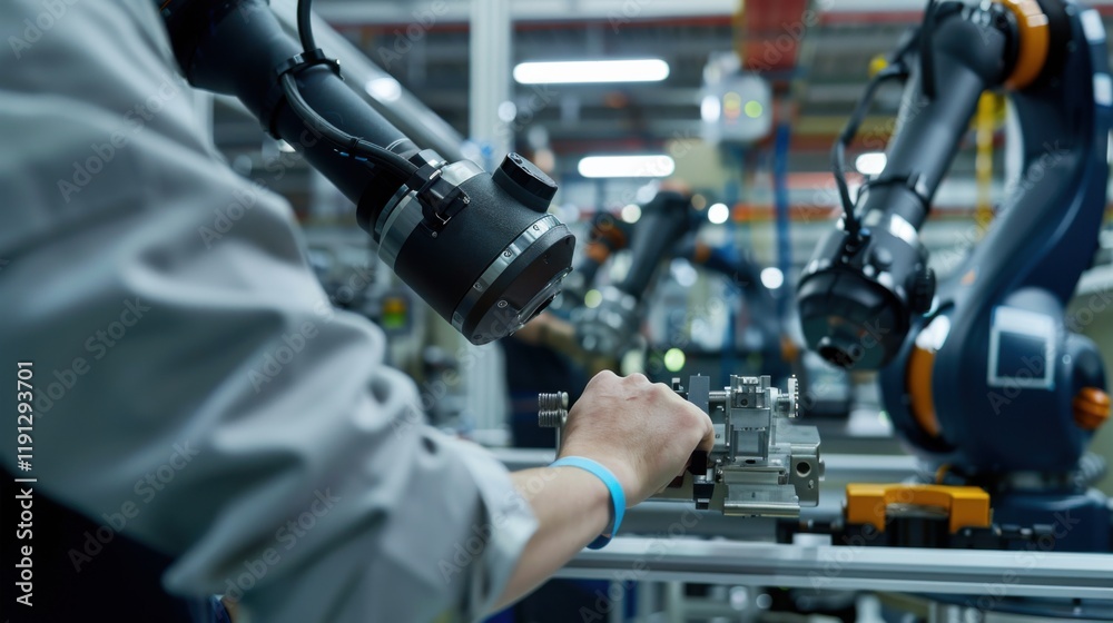 Wall mural a close-up of a factory technician calibrating industrial robots on a production line, robotic calib