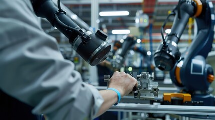 A close-up of a factory technician calibrating industrial robots on a production line, Robotic calibration scene, Automation precision style