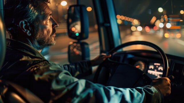 A truck driver navigating the night with focused determination