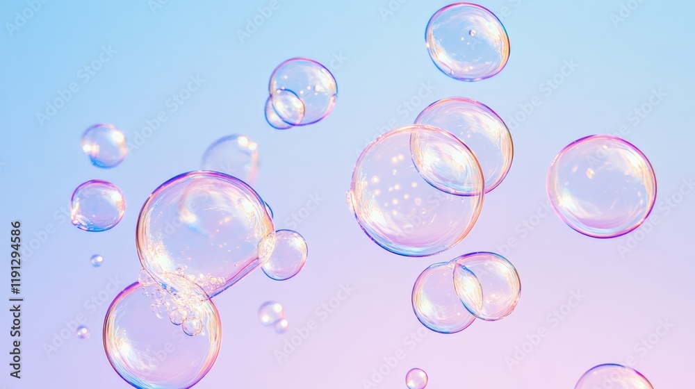 Poster Multiple iridescent soap bubbles of varying sizes are gracefully floating against a soft, pastel colored backdrop, creating a dreamy and ethereal atmosphere