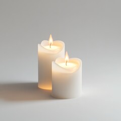 Two lit white pillar candles, one larger than the other, on a white background.