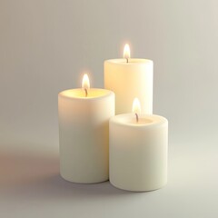 Three lit cylindrical candles of varying sizes on a neutral background.
