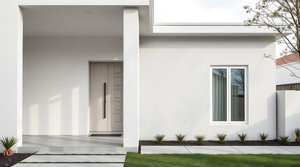 Fototapeta premium Modern Minimalist House Exterior: Clean Lines and Elegant Design. This stunning contemporary home showcases a sleek facade, minimalist architecture, and a beautifully landscaped garden.