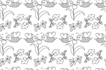 Charming black and white seamless pattern featuring bees, butterflies, tulips, and flowers, ideal for coloring books.