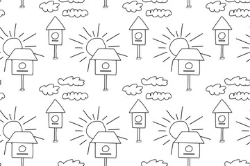 Black and white seamless coloring page with birdhouses, fluffy clouds, and radiant suns, ideal for creative projects.