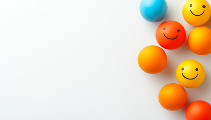 Colorful smiley face balls arranged playfully against a clean background, evoking joy and fun in leisure activities.
