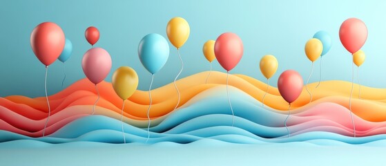 Colorful balloons floating over a wavy, abstract background of pink, orange, and blue.