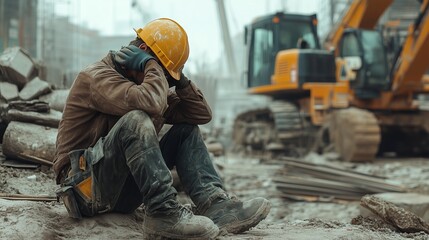 Construction worker sitting on the ground in a construction zone. He bowed his head, resting his hands on his helmet, showing fatigue or stress.