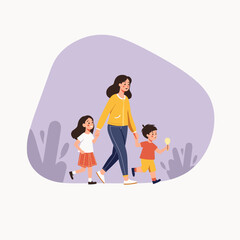 Fototapeta premium Mother walking with two children in playful pastel landscape, family fun