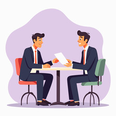 Two businessmen smiling and signing a contract in a cafe, teamwork