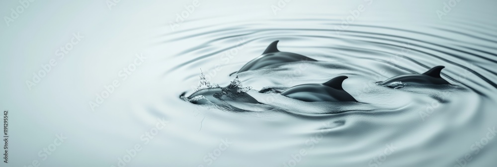 Poster three dolphins are swimming just below the surface of calm water, creating ripples and splashing dro