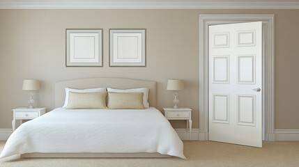 Beige bedroom interior, open door, mockup frames, calm background, home decor