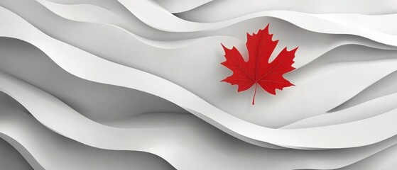 A single red maple leaf rests atop flowing white fabric.