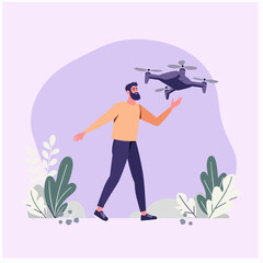 Cheerful man flying a drone in a pastel garden, technology and nature