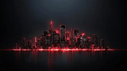 A city skyline with glowing red hotspots, visualizing heat islands and urban health risks