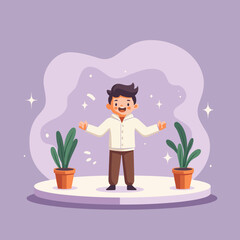 Cheerful actor performing on stage with potted plants, joyful expression