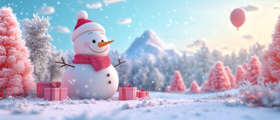 A cheerful snowman with a red hat and scarf stands in a snowy winter wonderland with pink trees, gifts, and a hot air balloon in the background.