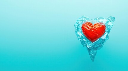 Fototapeta premium A surreal depiction of a human heart wrapped in plastic waste, symbolizing environmental impact on health