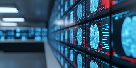 World Cancer Day research campaign concept. High-tech wall of screens displaying brain scans and data analytics.