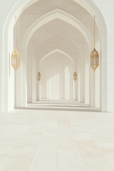 Obraz premium Islamic Architecture: A long, majestic corridor lined with intricate arches and adorned with delicate golden lanterns casts a mesmerizing glow upon the immaculate white floor.