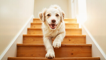 Smiling dog running up wooden stairs