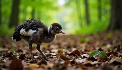Obraz premium Chick exploring leaves in a green forest
