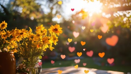 A sunny valentines celebration with yellow flowers outdoor garden romantic setup warm ambiance serene viewpoint