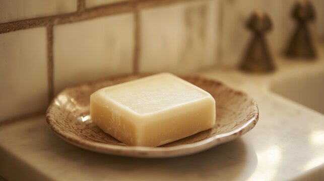 A bar of soap on an elegant soap dish standing on the surface of the bathroom. Suitable for themes of cleanliness, hygiene, skin care, ecology and home comfort.