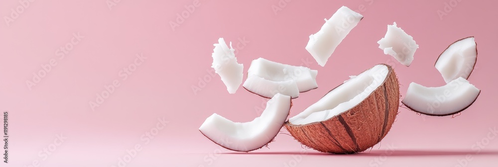 Poster half a coconut and coconut pieces are levitating on a vibrant pink background, creating a visually a